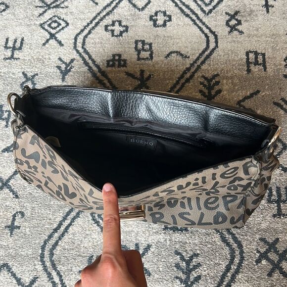 Large Faux Leather Black Purse handwritten Lettering Metal Clasp - Picture 3 of 8